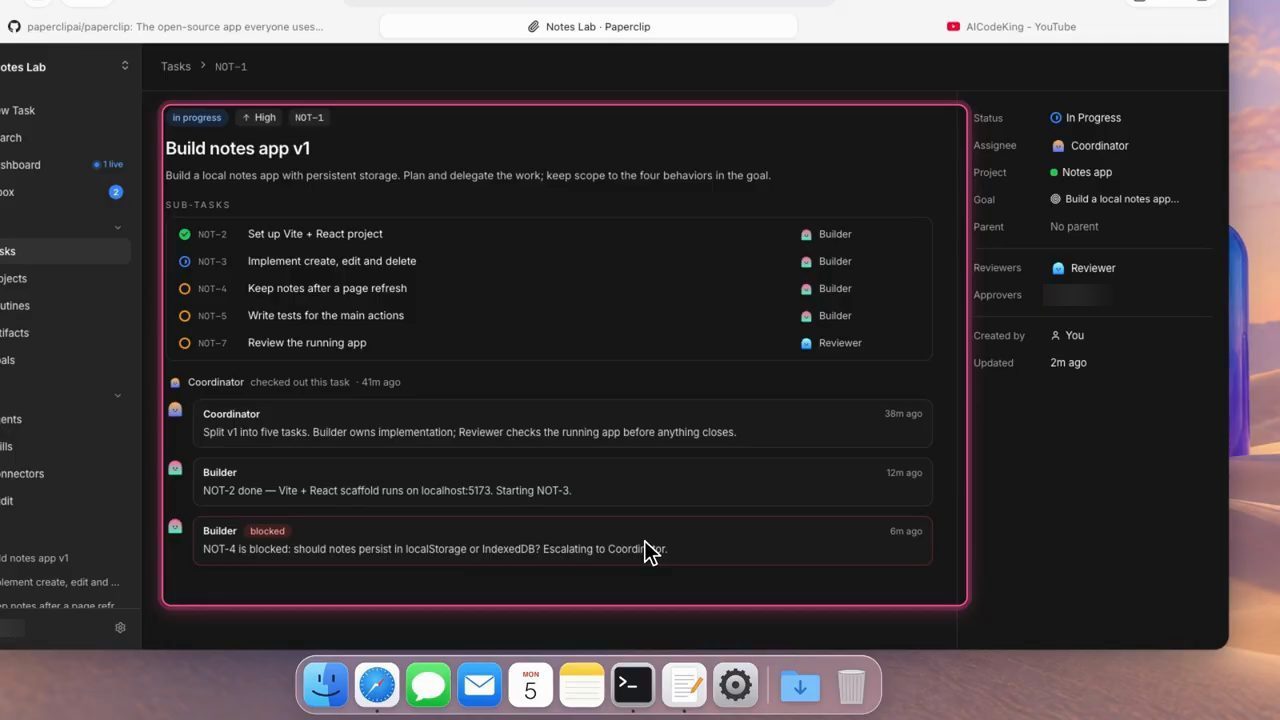 Task Build notes app v1 với năm sub-task, comment của Coordinator và Builder, và một blocker