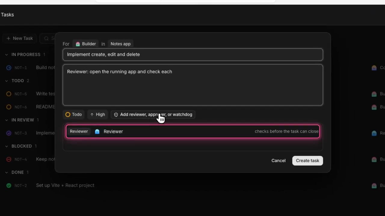 Hộp thoại tạo task cho Builder với reviewer được gắn: checks before the task can close