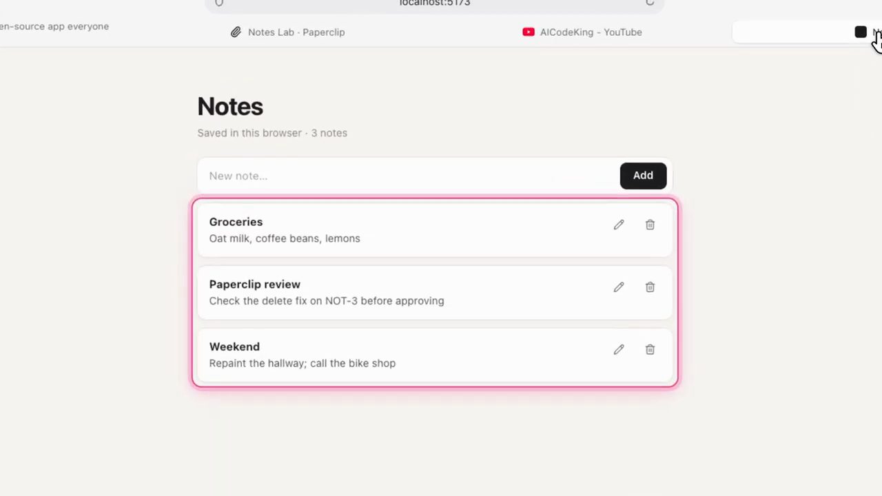 Notes app chạy ở localhost:5173 với ba note đã lưu trong trình duyệt