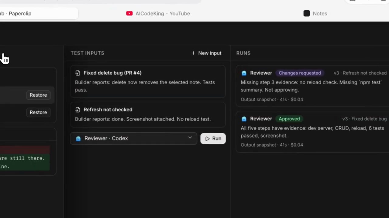 Skill Studio: các test input đã lưu và hai run của Reviewer qua Codex, một Changes requested và một Approved