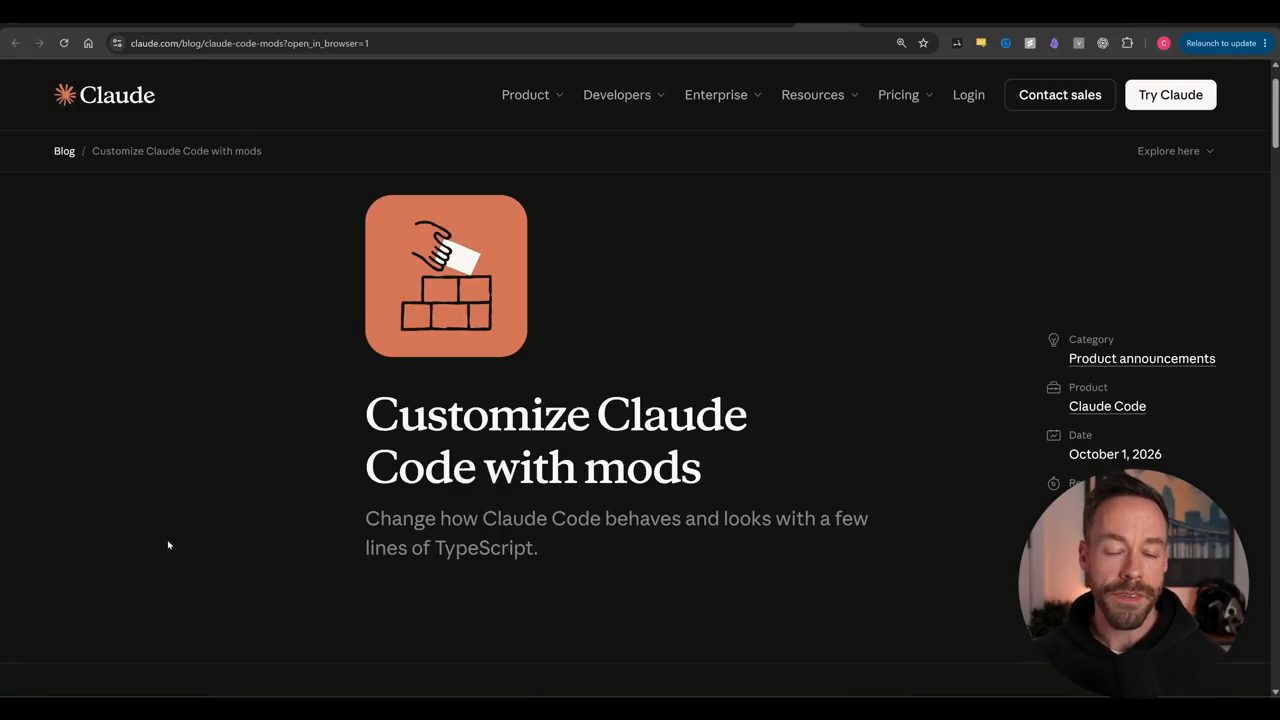 Trang blog Claude với tiêu đề Customize Claude Code with mods