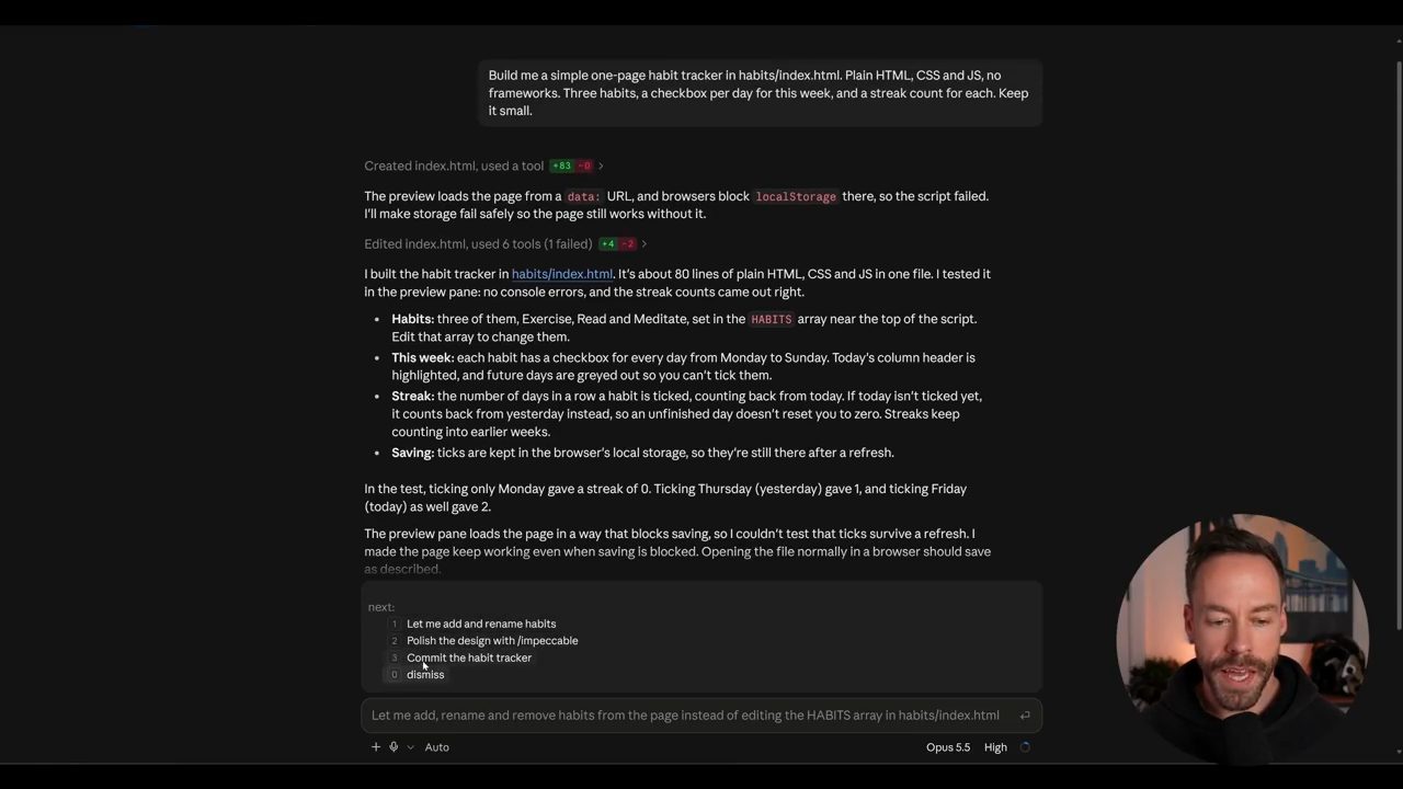 Claude Code desktop app sau khi build habit tracker, với pane next: ba gợi ý ở dưới cùng
