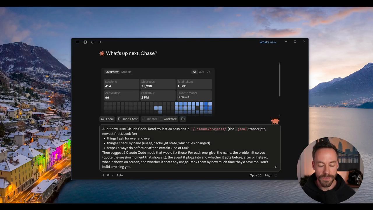 Desktop app với màn hình What's up next, Chase? và prompt audit trong ô nhập