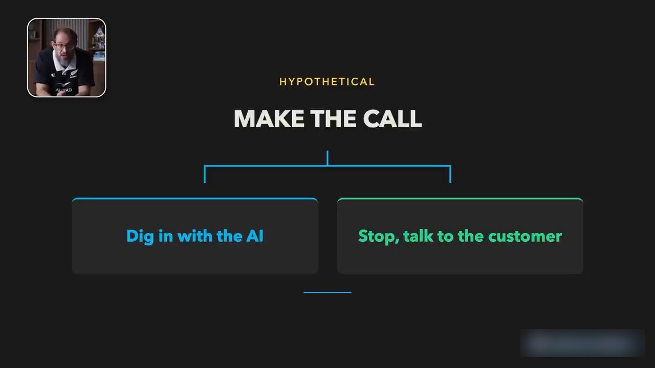 Slide Hypothetical: Make the call, hai nhánh Dig in with the AI và Stop, talk to the customer