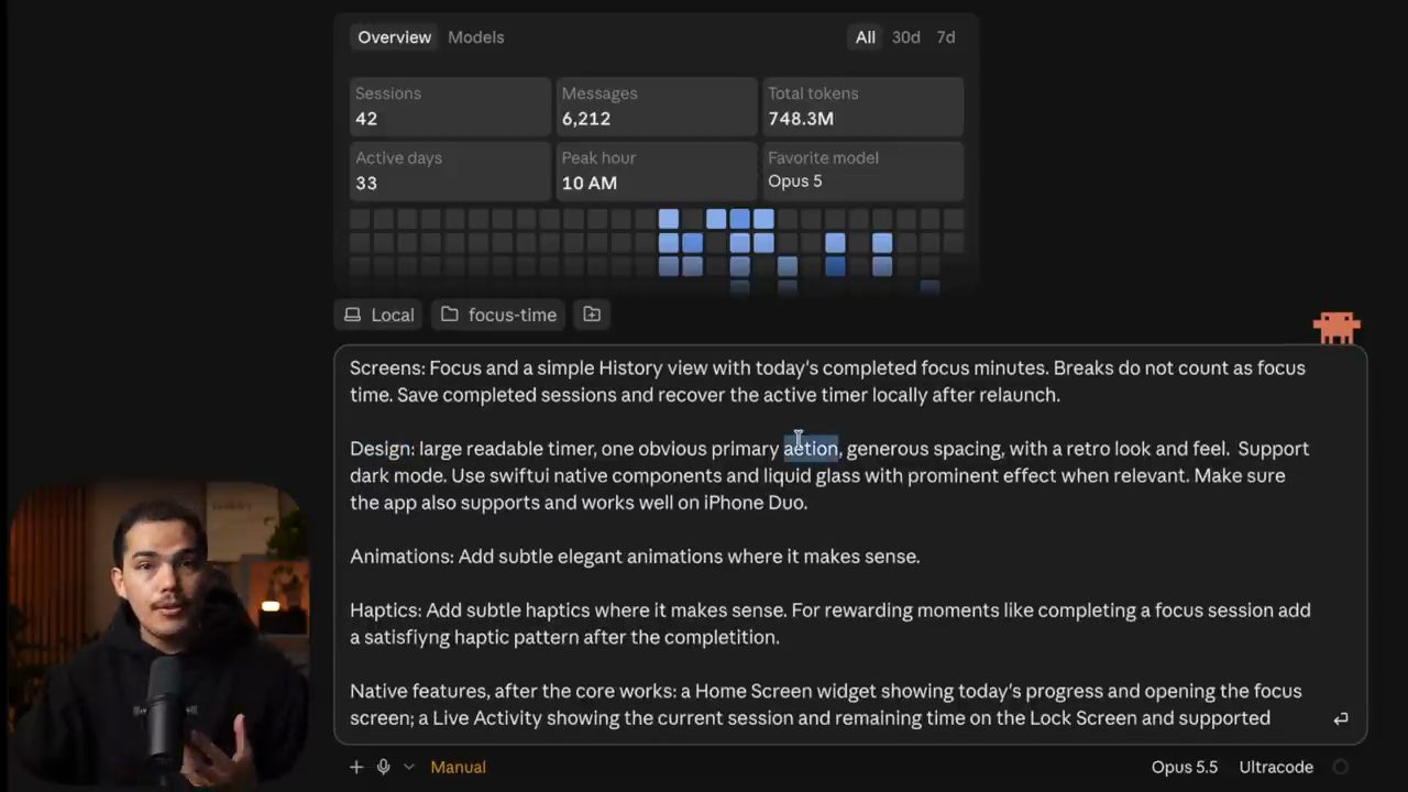 Khung chat Claude Code desktop với đoạn spec Screens, Design, Animations, Haptics, Native features