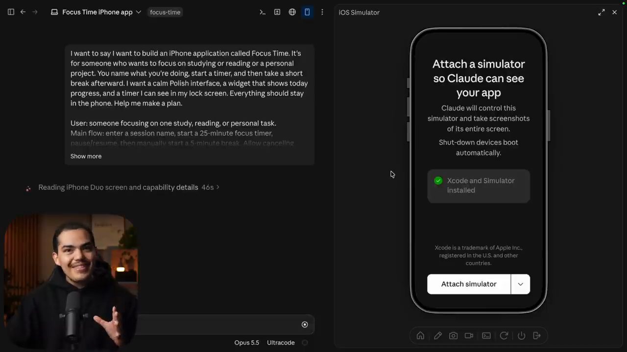 Claude Code desktop: bên trái là prompt, bên phải là pane iOS Simulator với nút Attach simulator