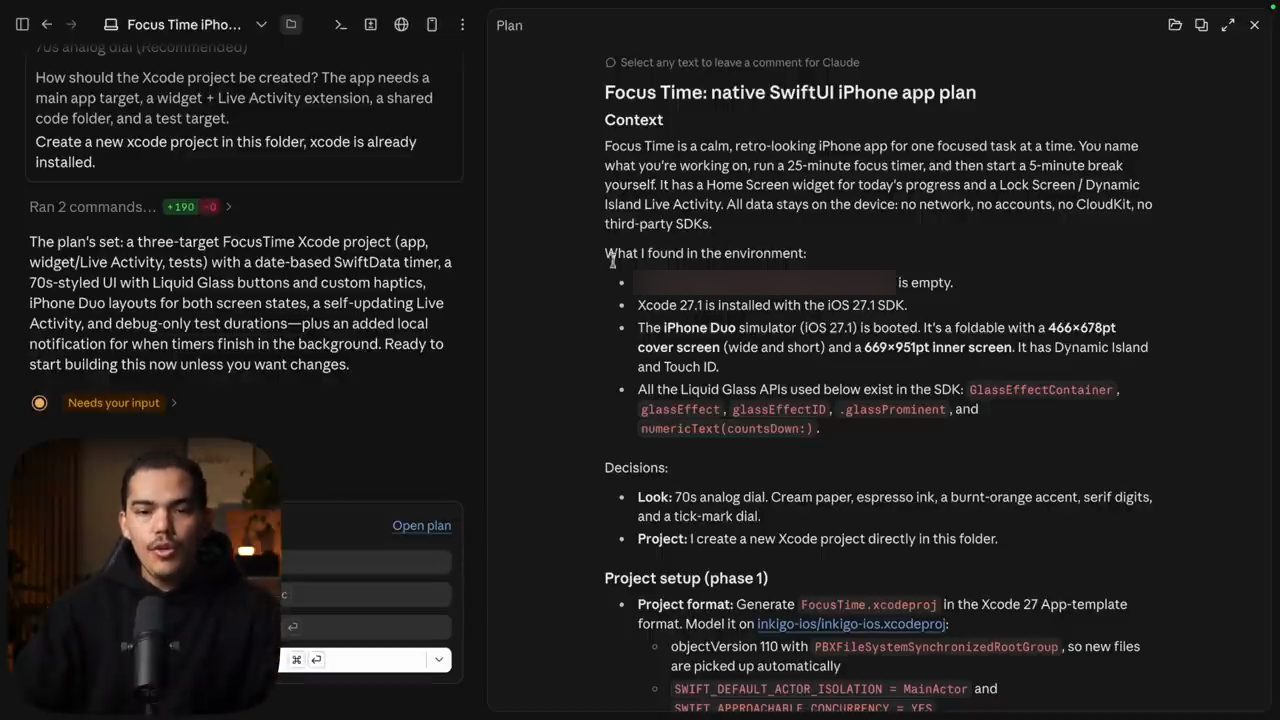 Bản plan Focus Time: native SwiftUI iPhone app plan với các mục Context, What I found in the environment, Decisions, Project setup