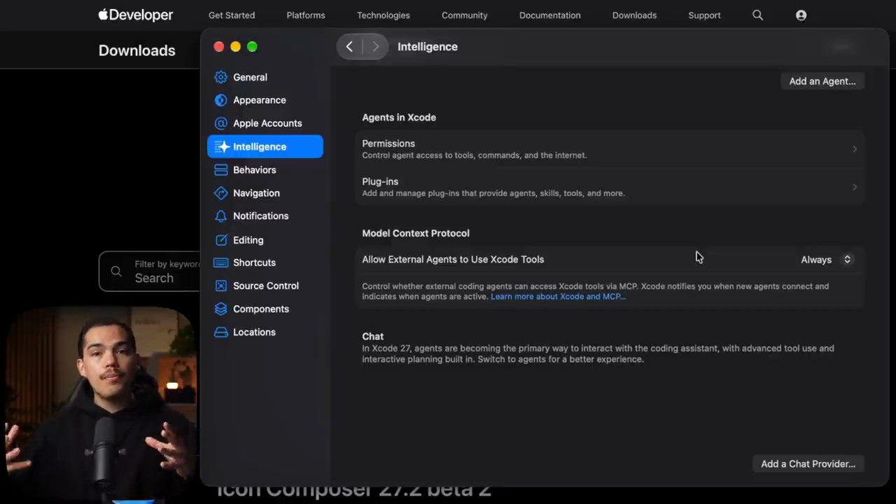 Xcode settings, tab Intelligence, mục Model Context Protocol với Allow External Agents to Use Xcode Tools đặt Always