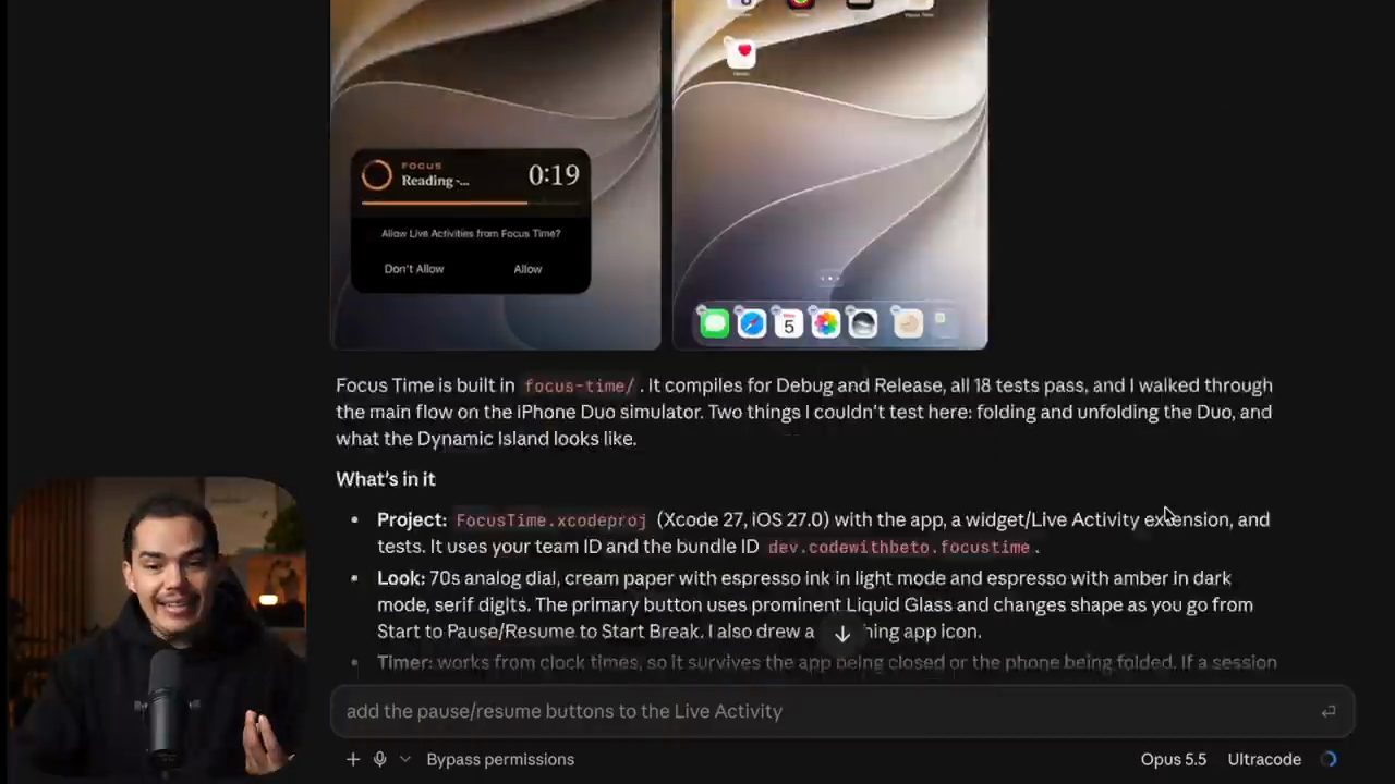 Bản tóm tắt của Opus sau lượt build đầu, có screenshot Live Activity và danh sách What's in it