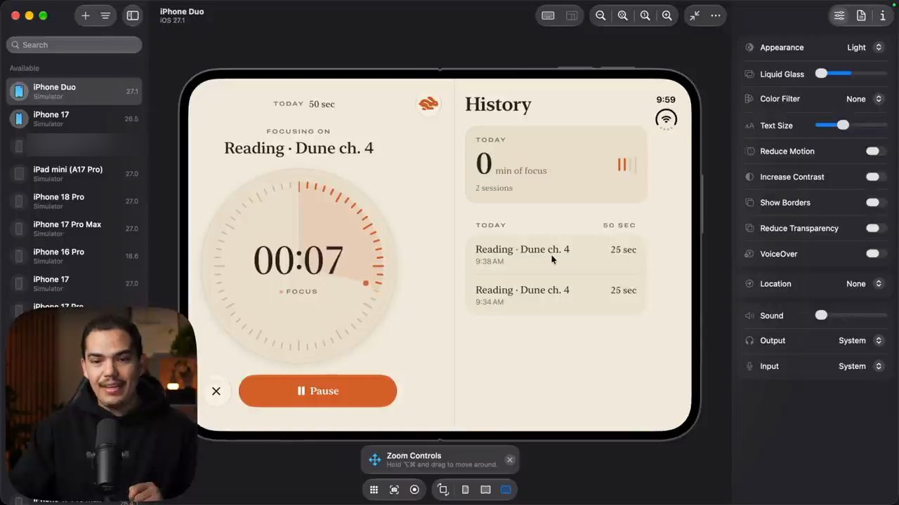 Simulator iPhone Duo mở ra trong Device Hub: bên trái timer 00:07, bên phải History với hai session Reading · Dune ch. 4