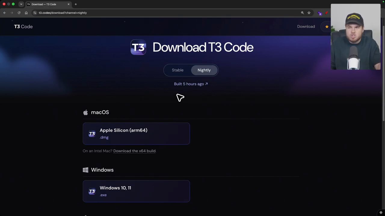 Trang Download T3 Code với hai tab Stable và Nightly