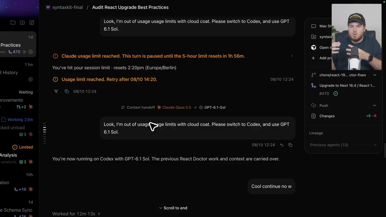 Thread Audit React Upgrade Best Practices với thông báo hết usage limit và Context handoff từ Claude Opus 5.5 sang GPT-6.1-Sol