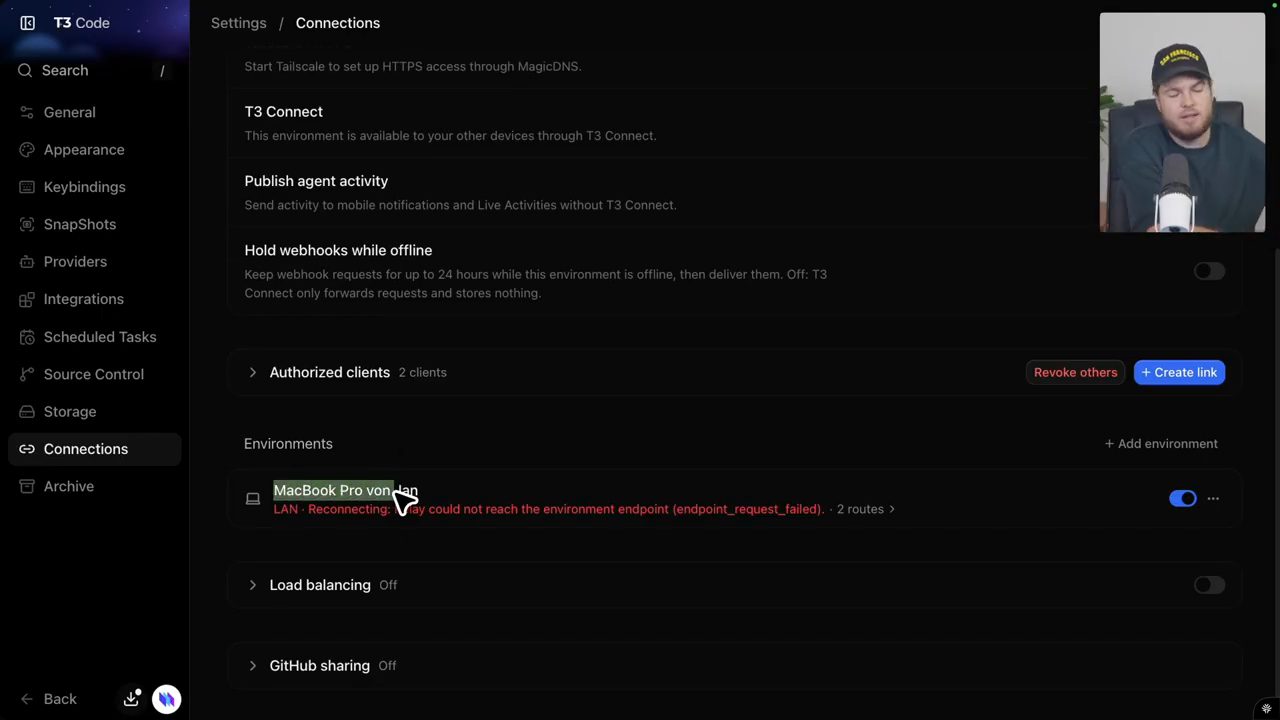 Settings Connections của T3 Code: T3 Connect, Authorized clients và Environments với MacBook Pro