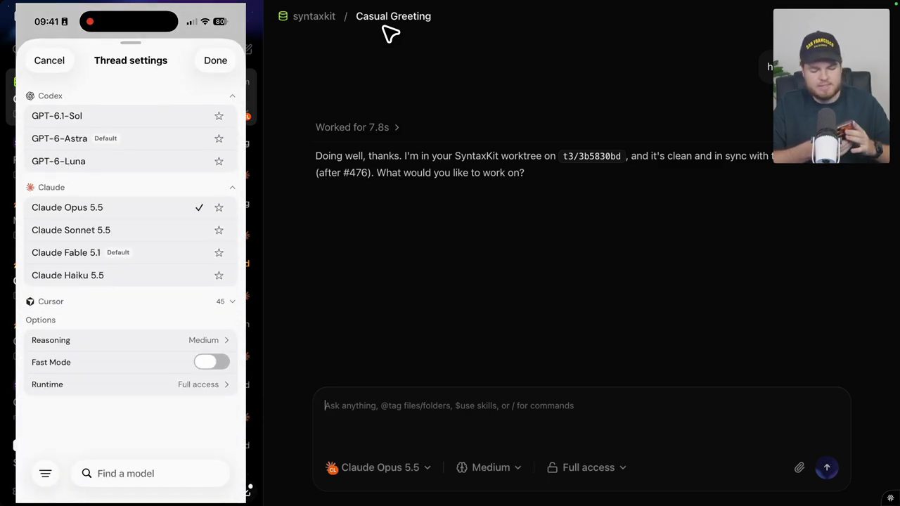 Ứng dụng T3 Code trên điện thoại với bảng Thread settings chọn model, cạnh ứng dụng desktop cùng thread