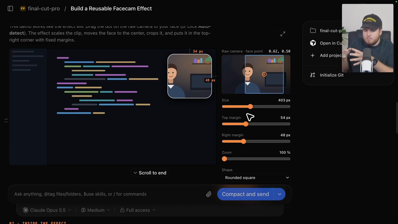 Visualization trong thread Build a Reusable Facecam Effect với các thanh trượt Size, Top margin, Right margin, Zoom