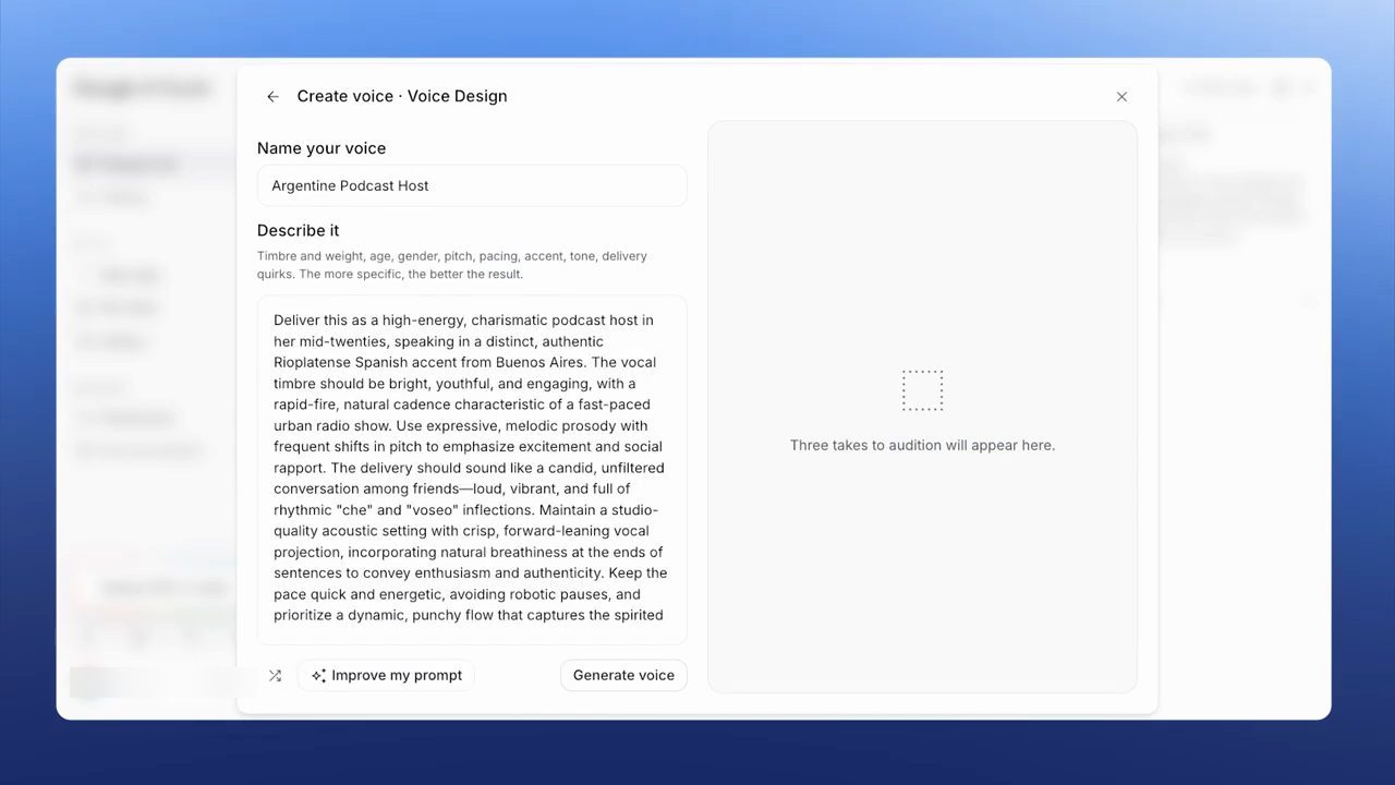 Create voice, Voice Design: tên Argentine Podcast Host và đoạn mô tả đã được Improve my prompt viết lại