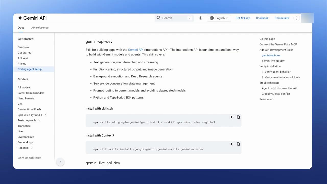 Trang docs Gemini API, mục Coding agent setup, skill gemini-api-dev với lệnh cài bằng skills.sh và Context7