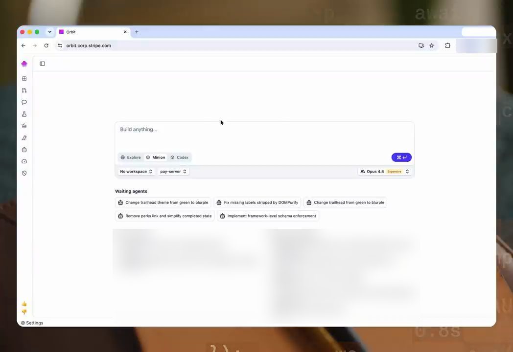 Giao diện web nội bộ Orbit của Stripe với ô Build anything, các chế độ Explore, Minion, Codex và danh sách agent đang chờ
