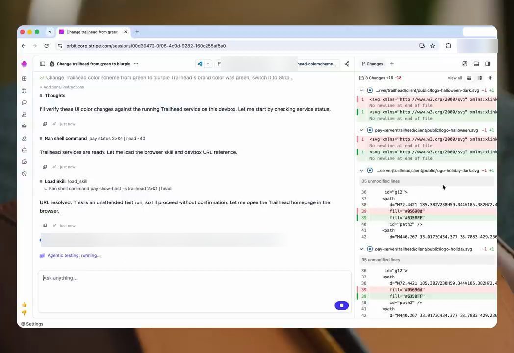 Một phiên agent trong Orbit: suy nghĩ, chạy shell command, load skill browser, và cột Changes hiển thị diff các file SVG