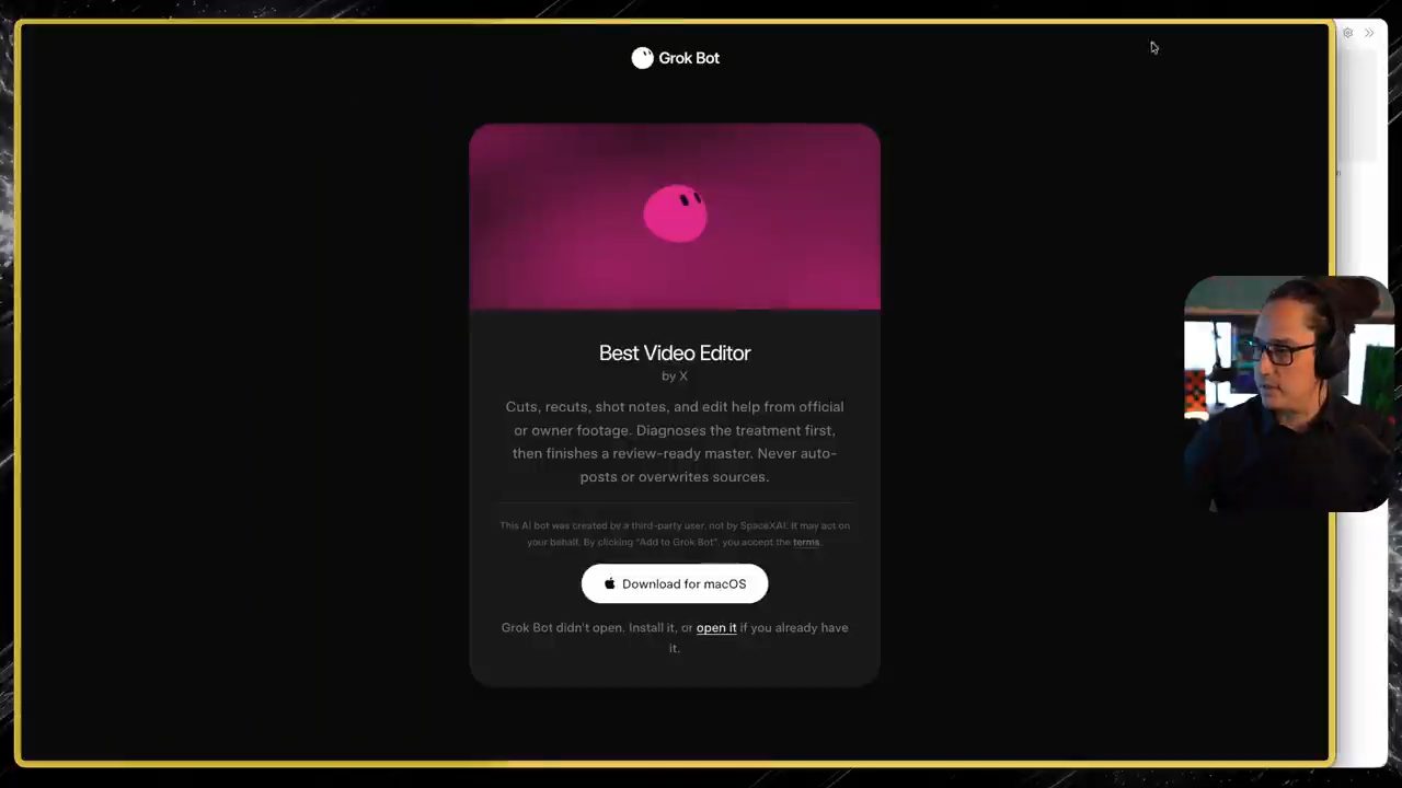 Trang cài template Best Video Editor của Grok Bot với mô tả và nút Download for macOS