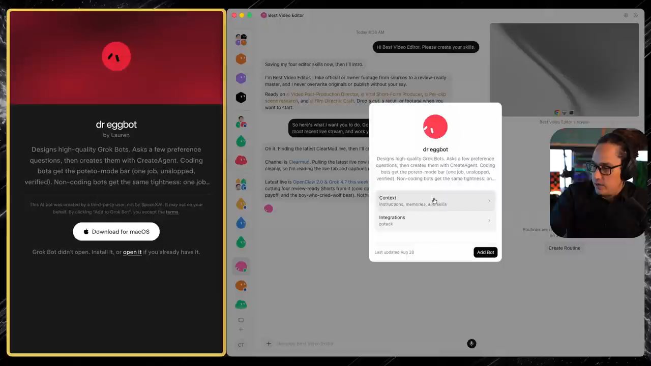 Hộp thoại cài Dr Eggbot với mục Context, Integrations pstack và nút Add Bot