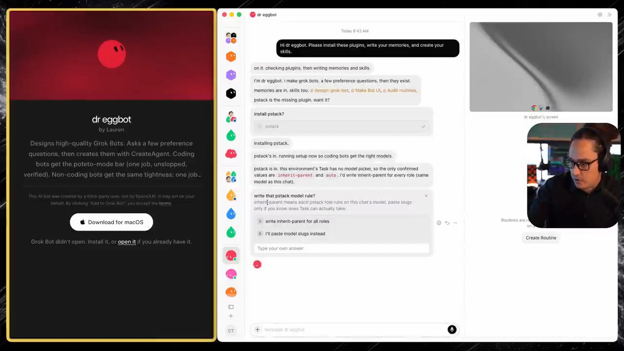 Cuộc chat với dr eggbot: cài pstack và câu hỏi write that pstack model rule với hai lựa chọn