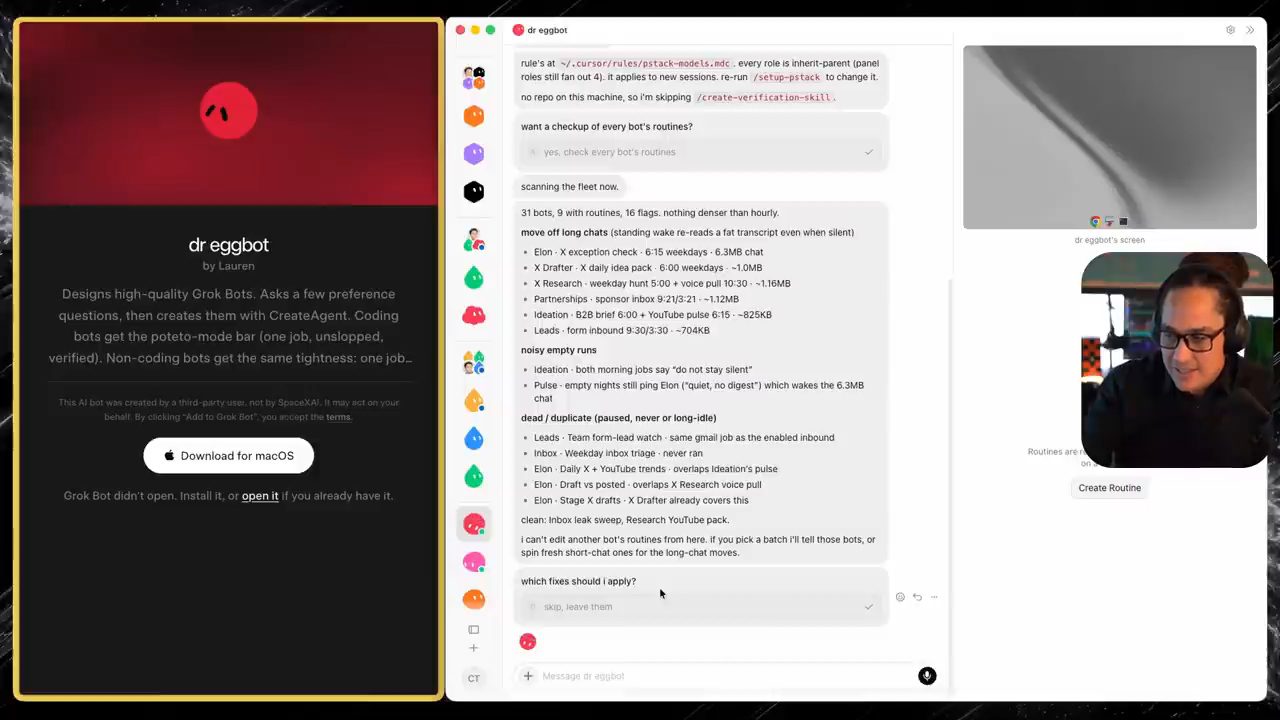 Báo cáo của dr eggbot: move off long chats, noisy empty runs, dead or duplicate routines
