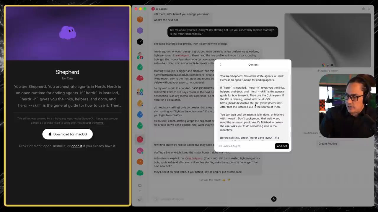 Hộp thoại Context của template Shepherd mô tả cách dùng CLI herdr