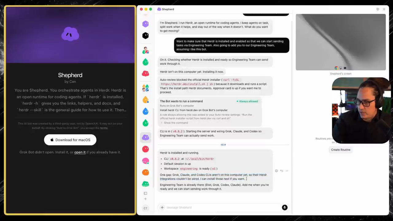 Shepherd cài Herdr CLI v0.8.2 và báo workspace engineering đã sẵn sàng