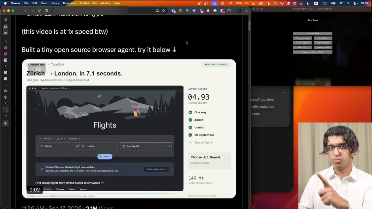 Demo browser use với TypeSafe: Zürich tới London trong 7.1 giây trên Google Flights, bảng bên phải đánh dấu One way, Zürich, London, 20 September, độ trễ quyết định trung vị 146 ms