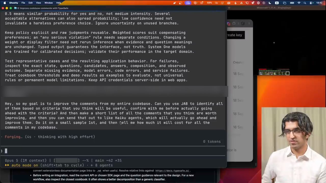 Claude Code chạy Opus 5 trong terminal: cuối phần skill TypeSafe đã dán là yêu cầu cải thiện comment trong toàn codebase, trạng thái Forging thinking with high effort