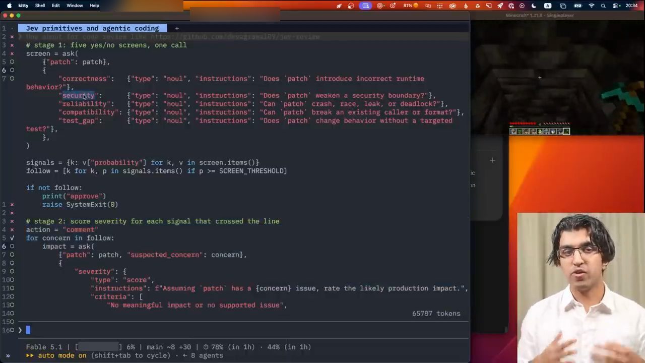 Code 'Jev primitives and agentic coding': stage 1 năm câu noul correctness, security, reliability, compatibility, test_gap; signals và follow theo SCREEN_THRESHOLD; stage 2 chấm severity bằng score