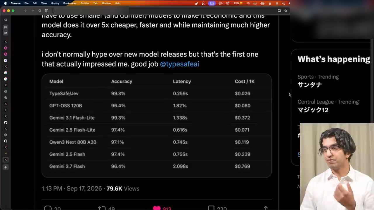 Bảng so sánh Model, Accuracy, Latency, Cost/1K: TypeSafe/Jev 99.3% 0.259s $0.026, GPT-OSS 120B 96.4% 1.821s $0.080, Gemini 3.1 Flash-Lite 99.3% 1.338s $0.372 và các model khác