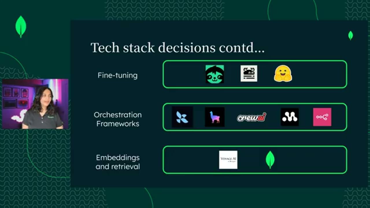Slide Tech stack decisions contd: fine-tuning, orchestration frameworks, embeddings and retrieval