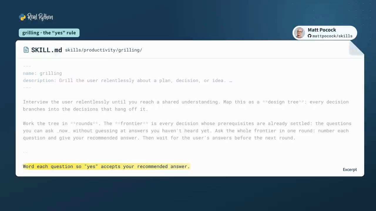 File SKILL.md của grilling với dòng Word each question so yes accepts your recommended answer được tô vàng