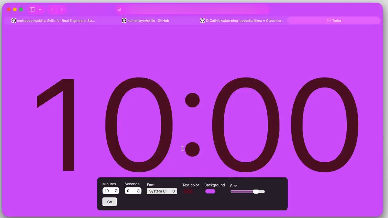 App timer trong trình duyệt: số 10:00 to màu đỏ sẫm trên nền tím, thanh điều khiển với Minutes, Seconds, Font, Text color, Background, Size và nút Go