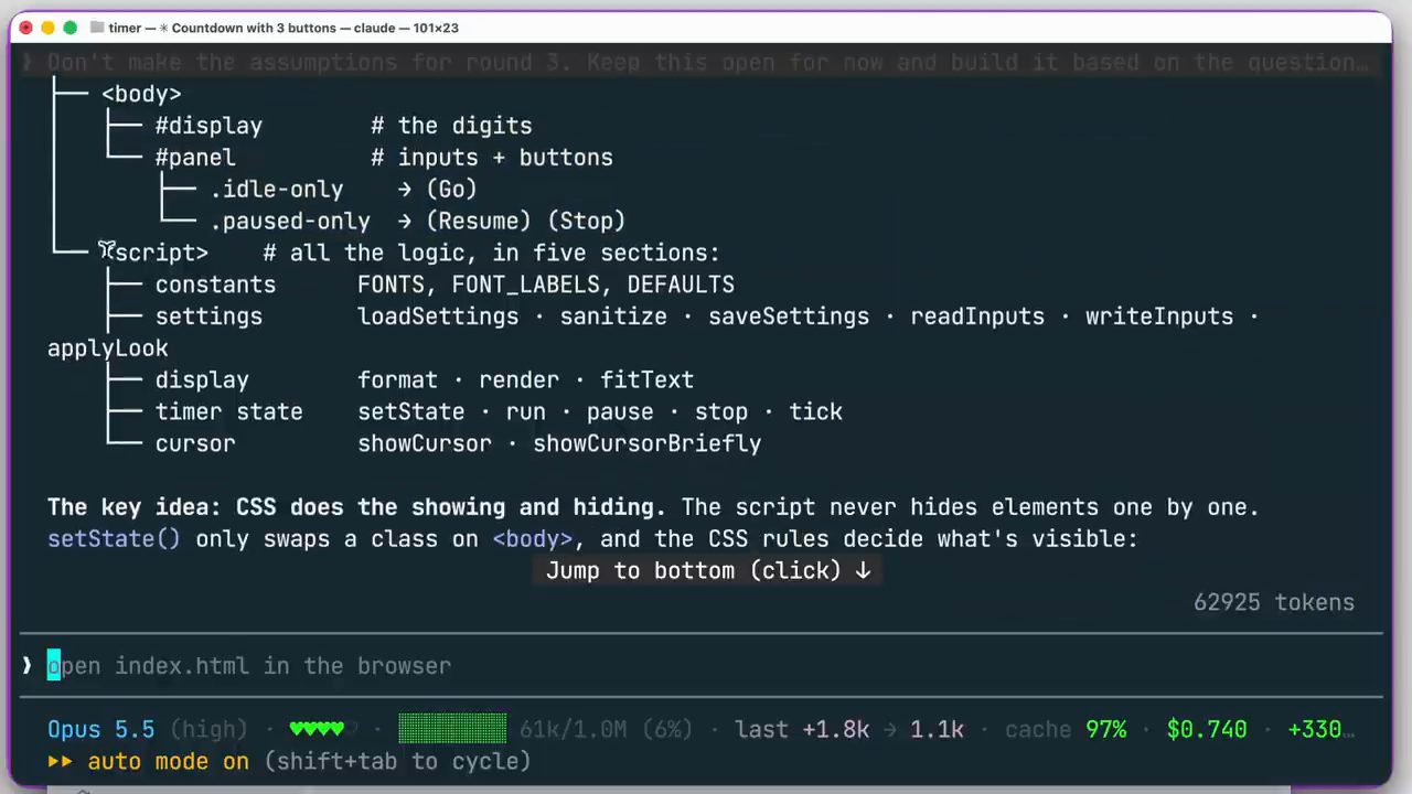 Component tree của index.html trong terminal và dòng The key idea: CSS does the showing and hiding