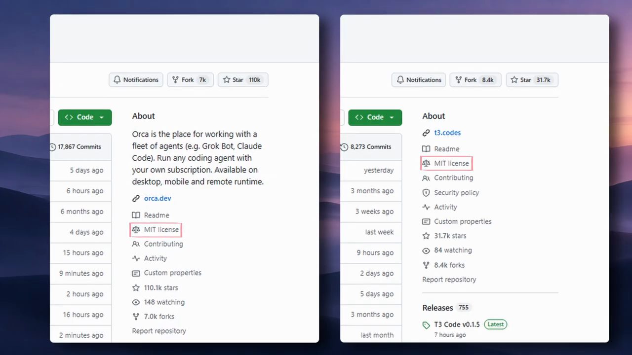 Hai trang GitHub đặt cạnh nhau, phần About của Orca và T3 Code, mục MIT license được khoanh đỏ