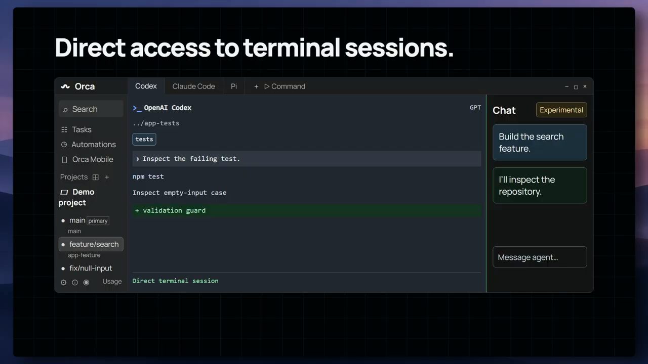 Slide Direct access to terminal sessions: cửa sổ Orca với tab Codex, Claude Code, Pi và khung Chat Experimental