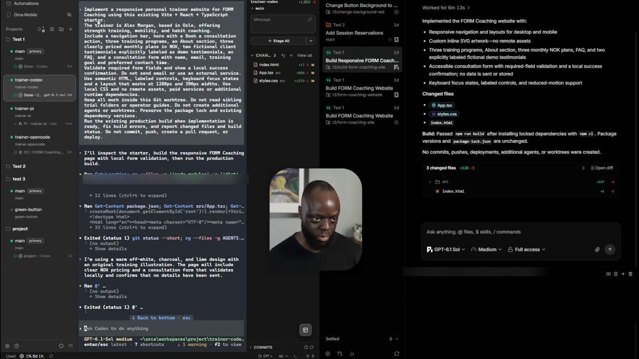 Orca bên trái với các worktree trainer-codex, trainer-pi, trainer-opencode và prompt FORM Coaching; T3 Code bên phải với bản tóm tắt kết quả