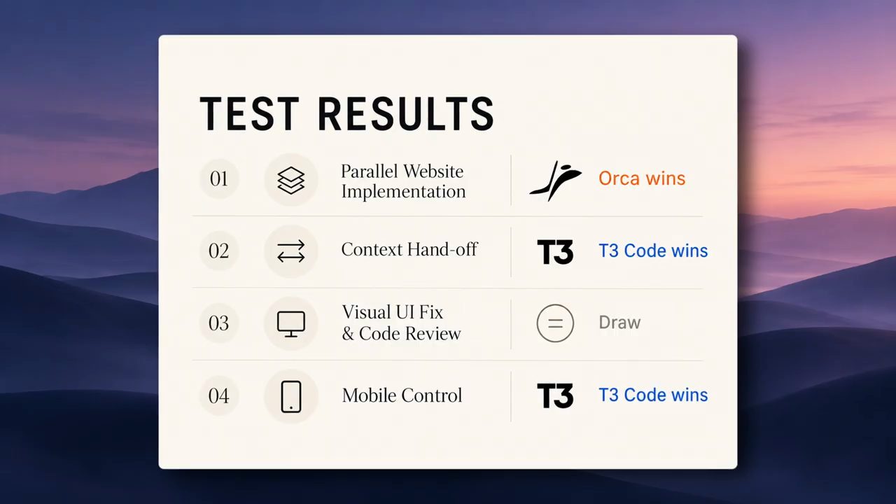 Bảng TEST RESULTS: Orca thắng test 1, T3 Code thắng test 2 và 4, test 3 hoà