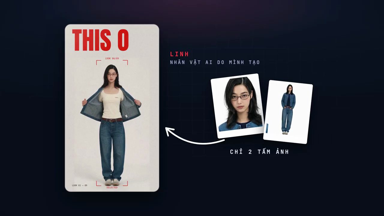 Khung hình dọc của bản làm lại với chữ THIS O, Linh mặc áo khoác denim mở vạt; bên phải là hai tấm ảnh tham khảo của Linh và dòng chữ Chỉ 2 tấm ảnh