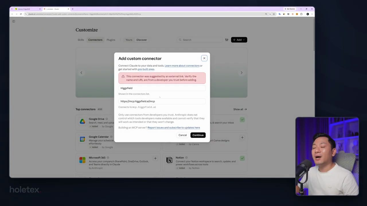 Hộp thoại Add custom connector trong Claude với tên Higgsfield và URL https://mcp.higgsfield.ai/mcp đã điền sẵn, nút Continue