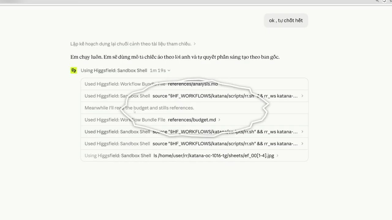 Khối các bước Using Higgsfield: Sandbox Shell mở rộng, gồm Workflow Bundle File references/analysis.md, references/budget.md và nhiều lệnh Sandbox Shell source rr.sh