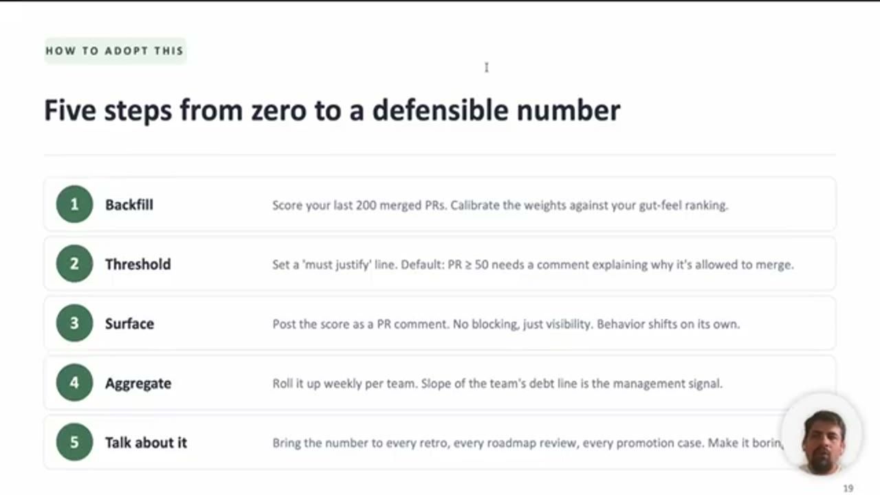 Slide Five steps from zero to a defensible number: Backfill, Threshold, Surface, Aggregate, Talk about it