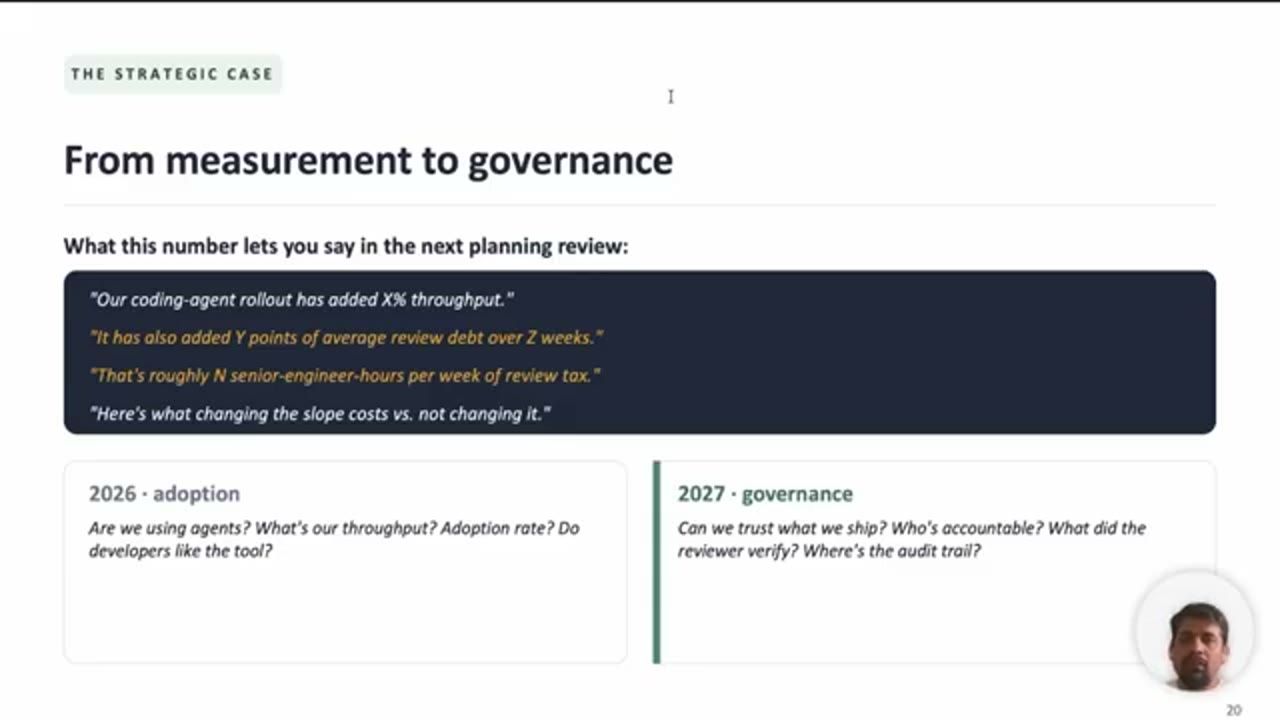 Slide From measurement to governance: những câu nên nói trong planning review, cột 2026 adoption và 2027 governance