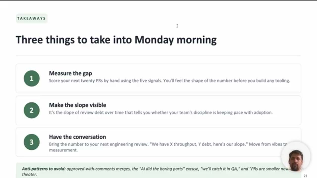 Slide Three things to take into Monday morning: Measure the gap, Make the slope visible, Have the conversation