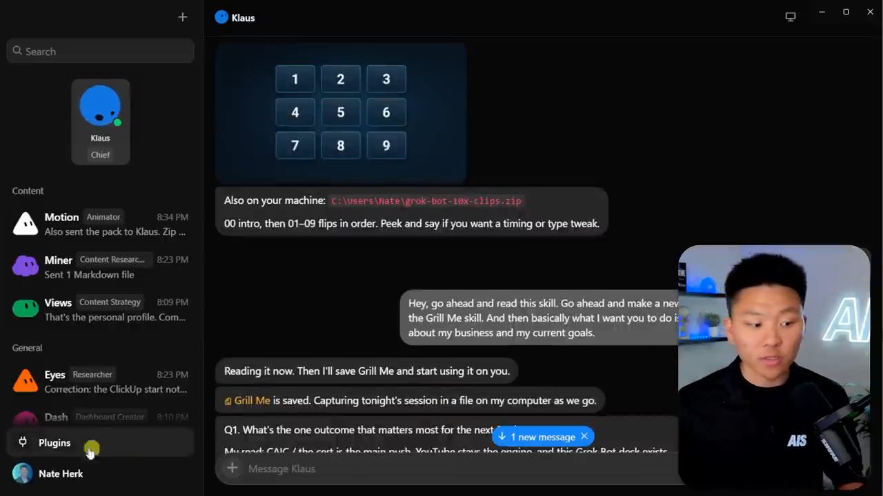 Khung chat với Klaus: Nate gửi file SKILL.md cùng prompt, Klaus trả lời Grill Me is saved và hỏi câu Q1
