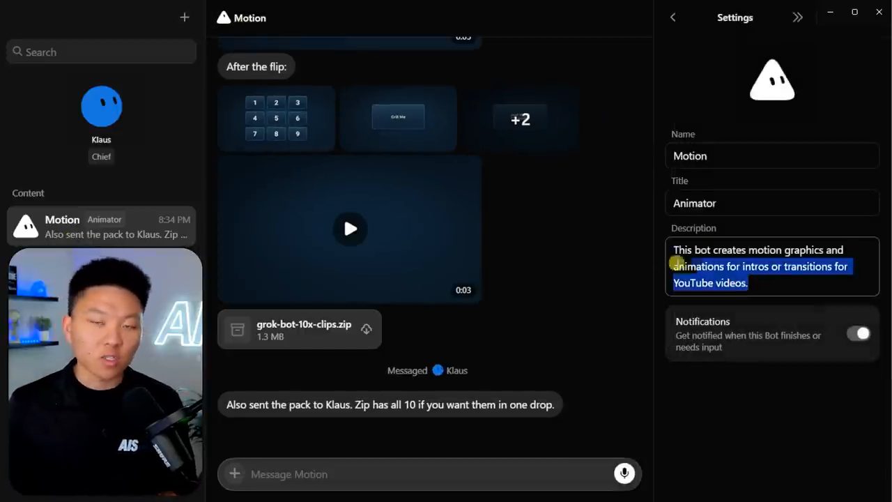 Màn hình Settings của bot Motion với Name, Title Animator và Description