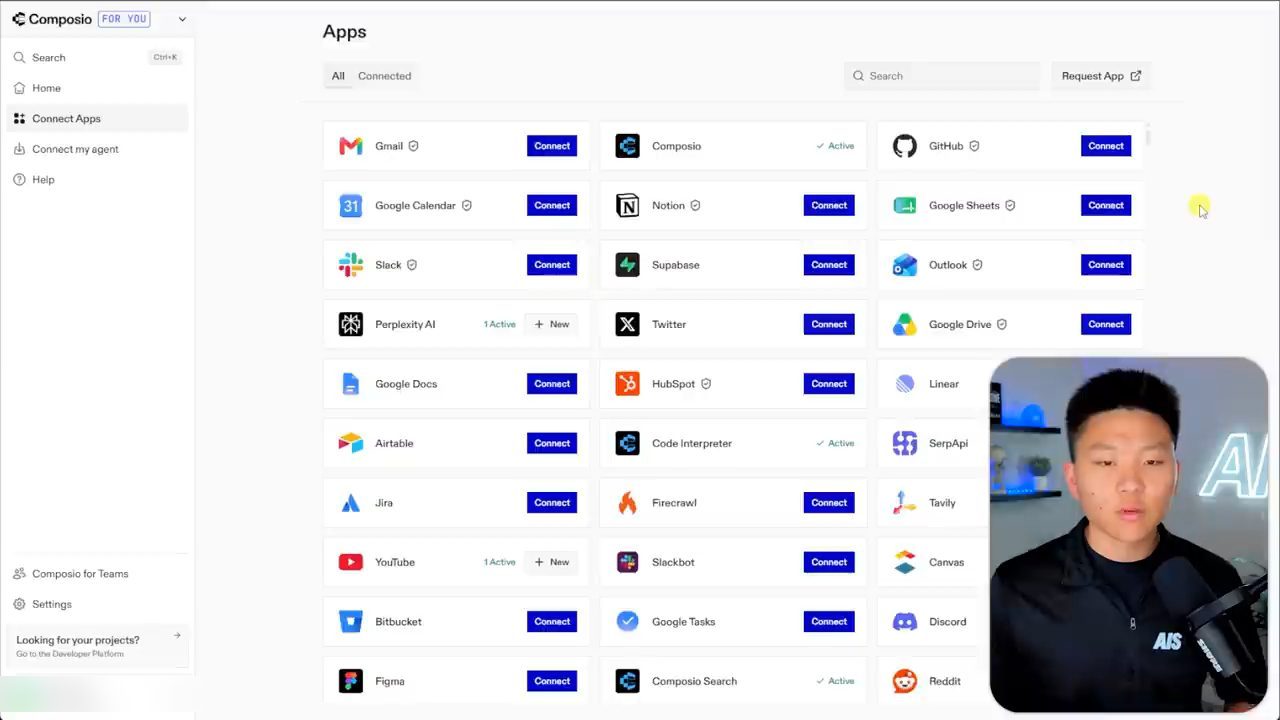 Trang Connect Apps của Composio với lưới app, Perplexity AI và YouTube đang Active